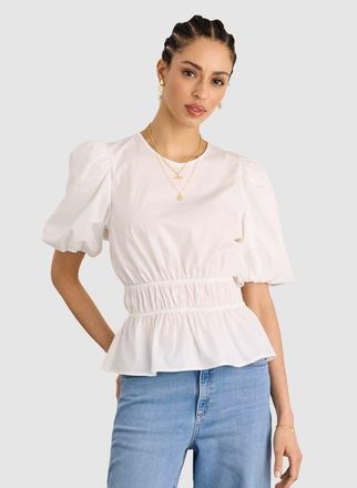 Baukjen Elise Puff Sleeve Smocked Waist Top in Pure White at Nordstrom, Size 14