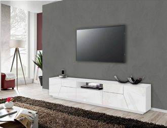 Dmora Dmora Mueble Tv Para Sal&oacute;n, Made In Italy, Mueble Tv Con 4 Puertas Geom&eacute;tricas Y 1 Caj&oacute;n, 220x43h46 Cm, Blanco Brillante, Con Embalaje Reforzado