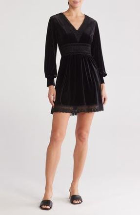 Wishlist Lace Trim Long Sleeve Velvet Dress in Black at Nordstrom Rack, Size Medium