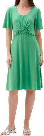 Joseph Ribkoff Ruched Flutter Sleeves A-Line Dress In Palm Green
