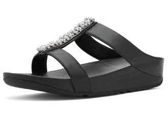 FitFlop Fino Pearls-And-Crystal H-Bar Slides Womens Wedge Shoes Black : 10 M (B)