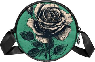 Generic Circle Crossbody Bag for Women, Green Black Rose Small Sling Bag Daypack with Zipper Adjustable Shoulder Straps Casual Ladies Girls Round Purse
