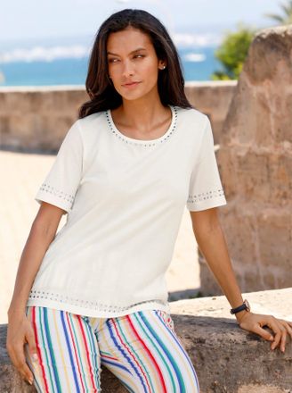 Casual Looks Kurzarmshirt CASUAL LOOKS Shirt, Damen, Gr. 40, beige (ecru), 100% Baumwolle, unifarben, Rundhals, Shirts Kurzarmshirt