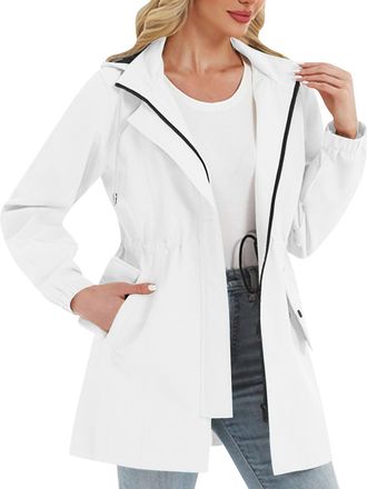 Generic Ladies Rain Jacket Womens Waterproof Walking Jacket with Detachable Hood | Ladies Outdoor Raincoat Coat White
