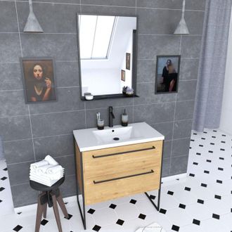 Aurlane Aurlane - Mueble De Ba&ntilde;o 80x50, Lavabo Blanco, 2 Cajones Roble Natural + Espejo