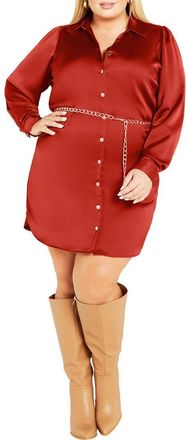 City Chic Harmoni Long Sleeve Satin Shirtdress in Caramel at Nordstrom, Size Xl