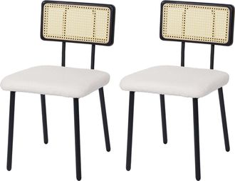 Hhg Nunca Usado] Lote De 2 Sillas De Comedor Hhg 707, Sill&oacute;n Silla, Madera Poly-rattan Metal Boucl&eacute;, Tela/textil Blanco