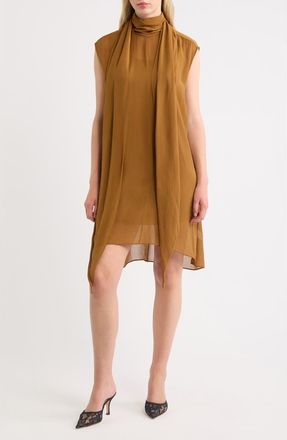 Frame Denim The Wisp Tie Neck Silk Shift Dress in Bronze at Nordstrom, Size X-Small