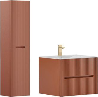 Vente-Unique Mueble de ba&ntilde;o suspendido con lavabo encastrado, grifo y columna - Estriado terracota - 80 cm - PAVANI