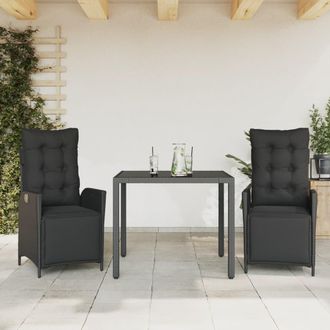 vidaXL Set Comedor De Jard&iacute;n 3 Pzas Con Cojines Rat&aacute;n Sint&eacute;tico Negro Vidaxl