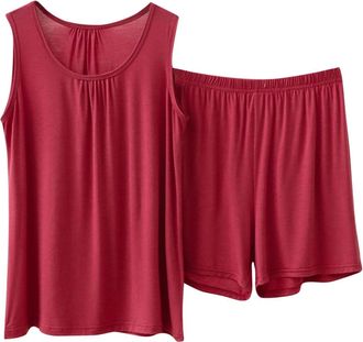 Generic Womens Pyjamas Sets Sleeveless Cotton Tank Top with Shorts Cami Sleepwear Comfy Loose Fit Pj Sets Casual Summer Nightwear(Wine, XXXXXXL) laufweste Dam