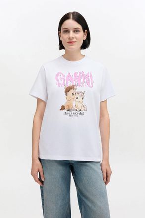Ganni White Graphic Cotton T-shirt - Size XS Organic