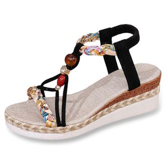 Generic 2026 Ladies Weave Round Toe Elastic Band Summer Slope Heel Thick Soled Sandals (Black, 6.5)