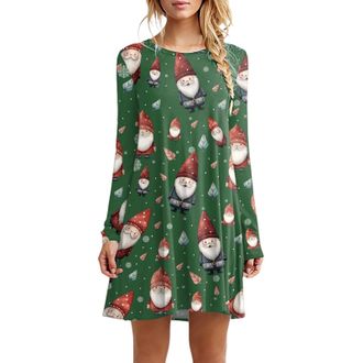 Generic Dresses for Women UK Womens Christmas Party Dress Xmas Print Casual Midi Dress Round Neck Long Sleeve Shirt Pleated Loose Swing Tops