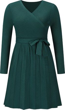 Generic Winter new sweater dress V-neck pleated knitted short A-line dress - dark green - L