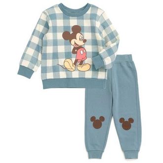 Disney Mickey Mouse Fleece Sweatshirt and Pants Set in Mickey Blue Plaid at Nordstrom, Size 12M