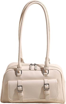 Generic Shoulder Bag for Women with Multi-Pockets Bowling Bag PU Leather Solid Color Underarm Bag Zipper Handbag for Work Travel (Beige)