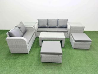 Fimous 7 Seater PE Rattan Wicker Garden Furniture Patio Conservatory Sofa Set w/ Oblong Coffee Table 3 Seater Sofa Love Sofa 2 Big Footstool 2 Side