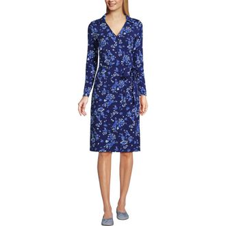 Lands End Cotton Modal Collared Wrap Dress in Deep Sea Navy Poetic Floral at Nordstrom, Size X-Small P