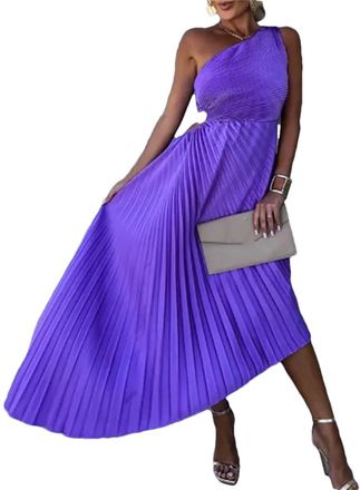 Generic Sexy One Shoulder Hollow Out Asymmetric Dress Female Solid Color Slim Fit Evening Dress 04 Purple S