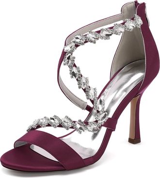 Generic Womens Wedding Bridal High Heel Sandals Satin Stiletto Crystal Formal Evening Prom Party Dress Shoes 9.5Cm,Burgundy,10 UK
