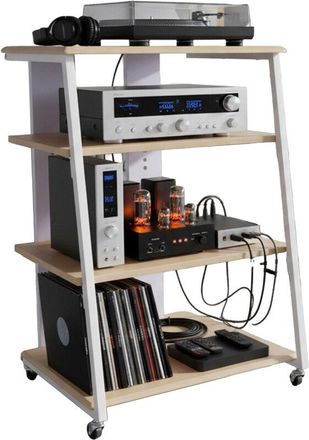 Relaxdays Relaxdays Hi-Fi rack, 4 shelves, for turntable & stereo, metal & MDF, 78x61x52 cm, multimedia shelf, natural/white