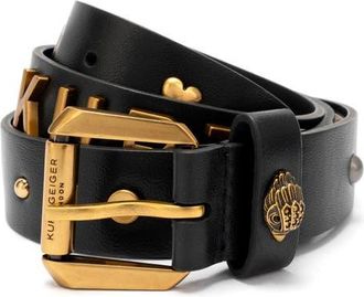Kurt Geiger Block Letter Leather Belt in Black Antique Brass at Nordstrom, Size Medium