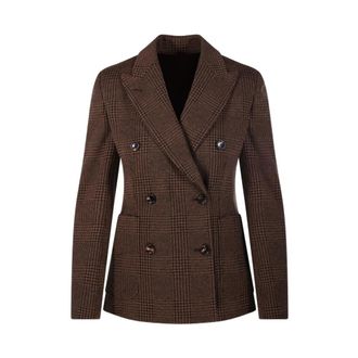 Max Mara Blazers, female, Brown, Size: XL Brown Check Double-Breasted Jacket