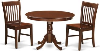 East West Furniture 3 Pc set with a Round Kitchen Table and 2 Wood Dinette Chairs in Mahogany
