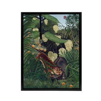Artery8 Fight between a Tiger & a Buffalo Rousseau Black Framed Canvas Art in Green | Size: W24 x H32