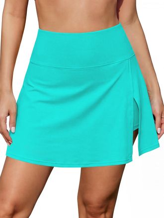 SHEKINI Women Side Split Swim Skirt High Waisted Bikini Bottoms Tummy Control Swimsuit Bottom Boxer Liner with Pocket, Lake Green, XX-Large