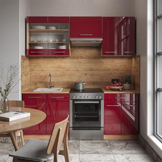 Vicco Mueble De Cocina Fame-line, Burdeos Brillo Intenso/roble Dorado, 200 Cm Sin Encimera