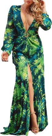 Generic Women Long Sleeve Maxi Dress Ethnic Style Slim High Split Dress Vintage Floral Print Long Dress 01 GN M