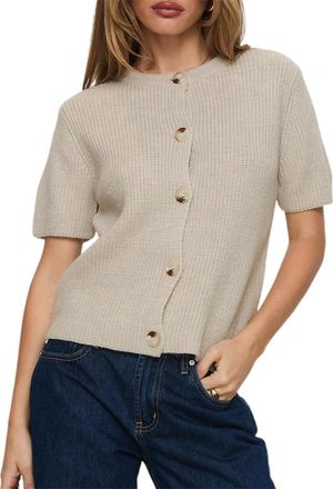 Generic Womens Knitted Jumper Short Sleeve Crew Neck Solid Colour Loose Fit Pullover Button Down Tops, gray, L