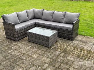 Fimous High Back Rattan Corner Sofa Set Outdoor Furniture Rectangular Coffee Table 6 Seater in Dark Grey