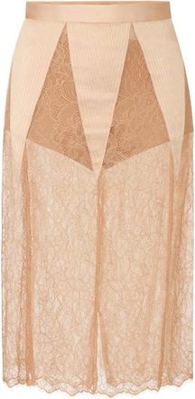 Elisabetta Franchi Rokken, Dames, Bruin, M, Satijn, Midi kokerrok met kanten inzetstukken en satijnen finish