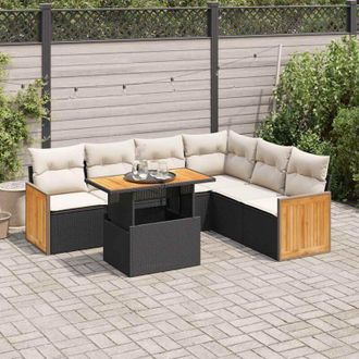 vidaXL Set Sof&aacute;s Jard&iacute;n Y Cojines 7 Pzas Rat&aacute;n Sint&eacute;tico Acacia Negro Vidaxl