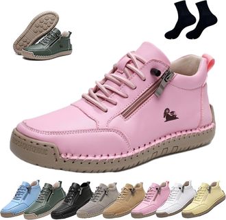 Generic Womens Handmade Leather Orthopedic Comfy Shoes - Lightweight Non-Slip Ankle Boots for Outdoor Casual Driving and Walking with Side Zipper(Pink,10.5)