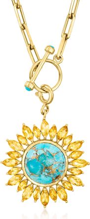 Ross-Simons Turquoise and Citrine Sunflower Toggle Necklace in 18kt Gold Over Sterling
