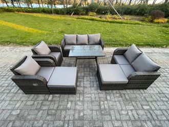 Fimous Rattan Garden Furniture Dining Set 9 seater Patio Rectangular Table 2 Big Footstool Love Sofa Dark Grey Mixed
