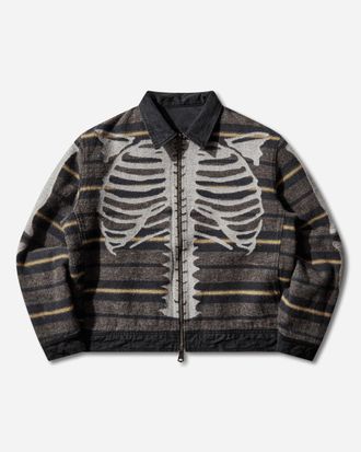 KAPITAL Men s 14oz Black x Black Denim Bone Lining Reversible Zip-Up Work Jacket Black