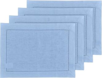 Solino Home Linen Placemats Set of 4, 14 x 19 Inch for Dining Table, Holiday and Everyday Table Decor - Classic Hemstitch in Cornflower Blue at