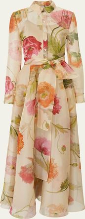 Carolina Herrera Floral Silk Organza Belted Long-Sleeve Maxi Trench Dress