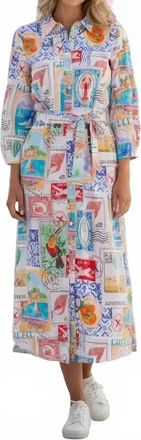 Vilagallo Womens Long Dress With Travel Stamp Print In Multi