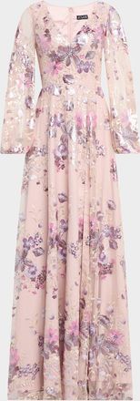 Jovani Balloon-Sleeve Metallic Embroidered Gown