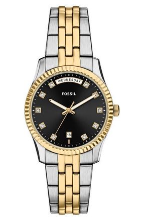 Fossil Scarlette Crystal Marker Bracelet Watch, 34mm in Black/Two Tone at Nordstrom