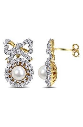 Delmar 6-6.5mm Cultured Freshwater Pearl & White Topaz Bow Stud Earrings at Nordstrom Rack