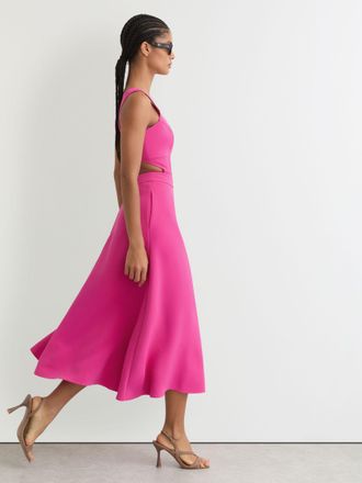 Reiss Raspberry Pink Waisted Cut-out Twill Midi Dress, 16