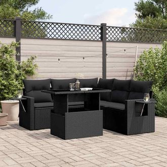 vidaXL Set De Sof&aacute;s De Jard&iacute;n 6 Piezas Y Cojines Rat&aacute;n Sint&eacute;tico Negro Vidaxl
