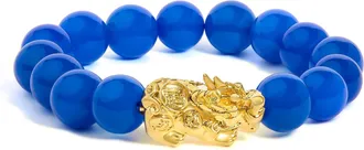 House of Brilliance 18K Yellow Gold Blue Agate Beaded Dragon Charm Bracelet